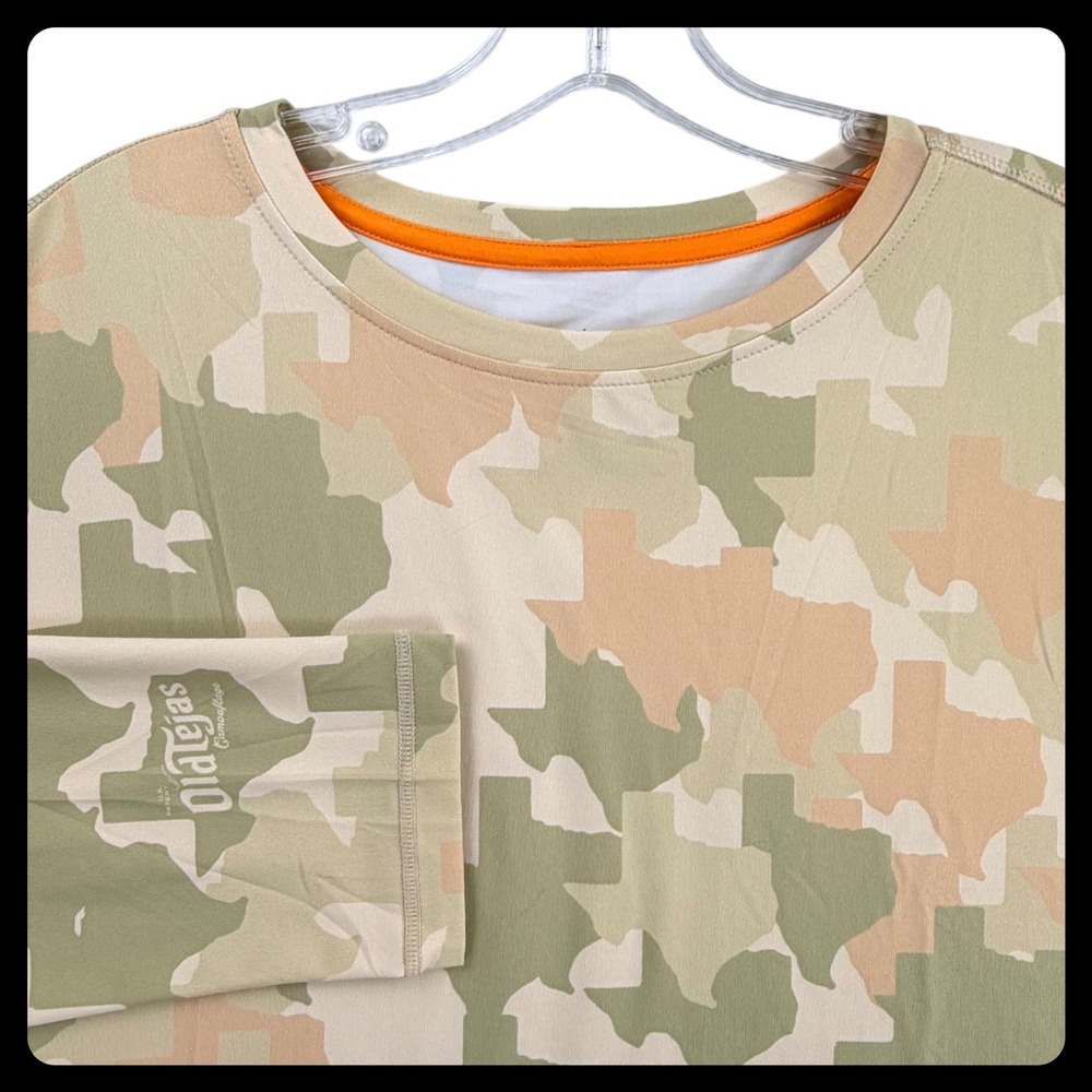 Old Tejas Tex-Flex Fishing UV Shirt Men XXL Tan Green Texas Camo Long Sleeve